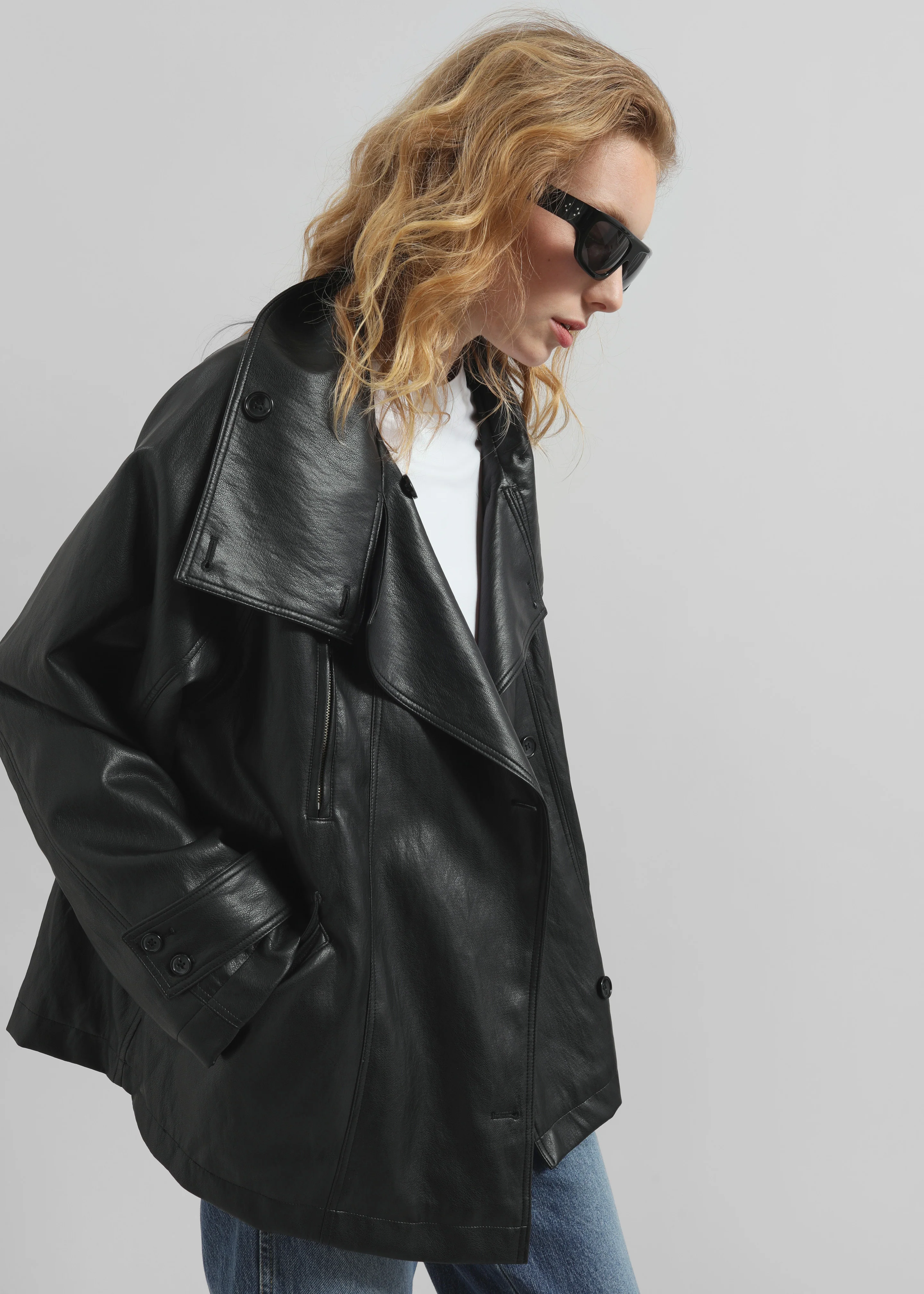 Amunta Faux Leather Trench Jacket - Black