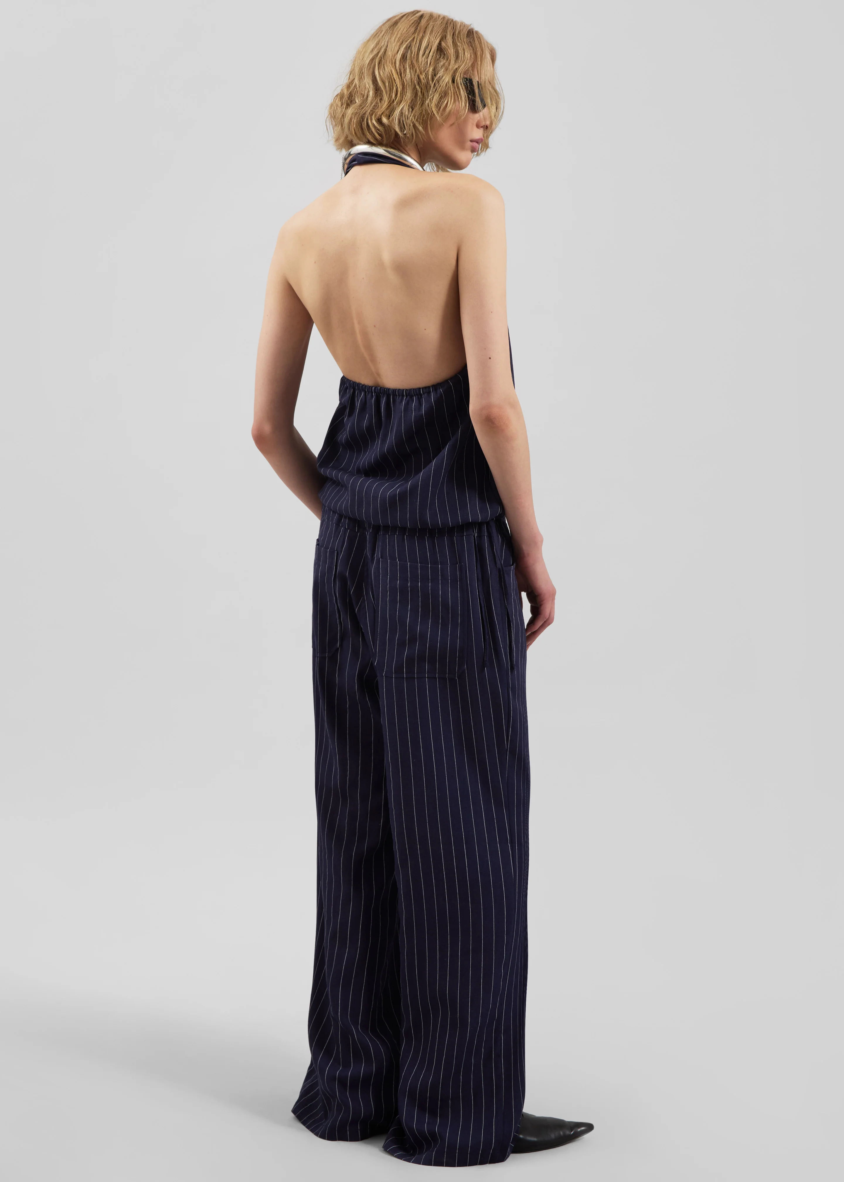 Branton Drawstring Halter Top - Navy/White Pinstripe - Image 11