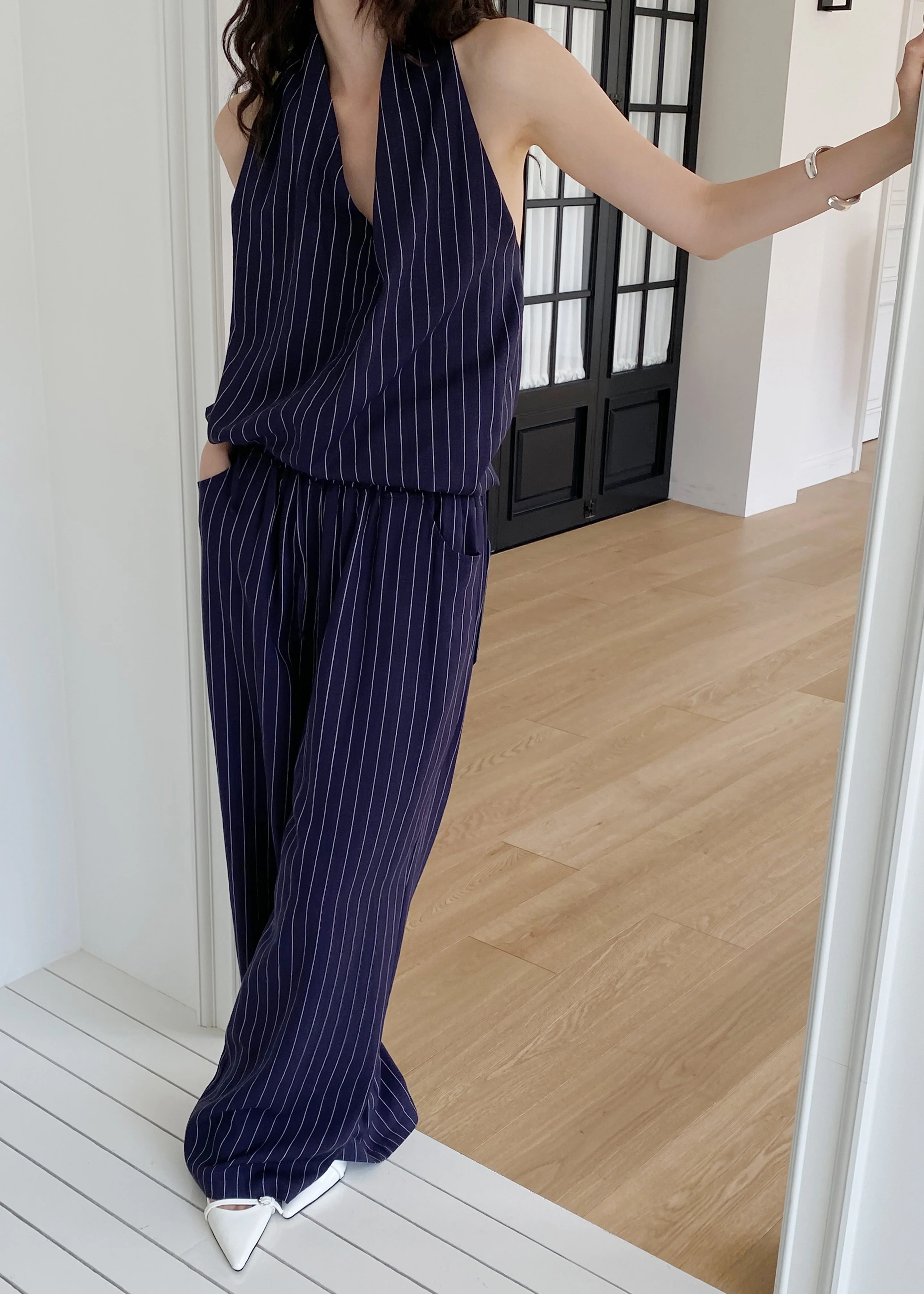 Branton Drawstring Halter Top - Navy/White Pinstripe - Image 4