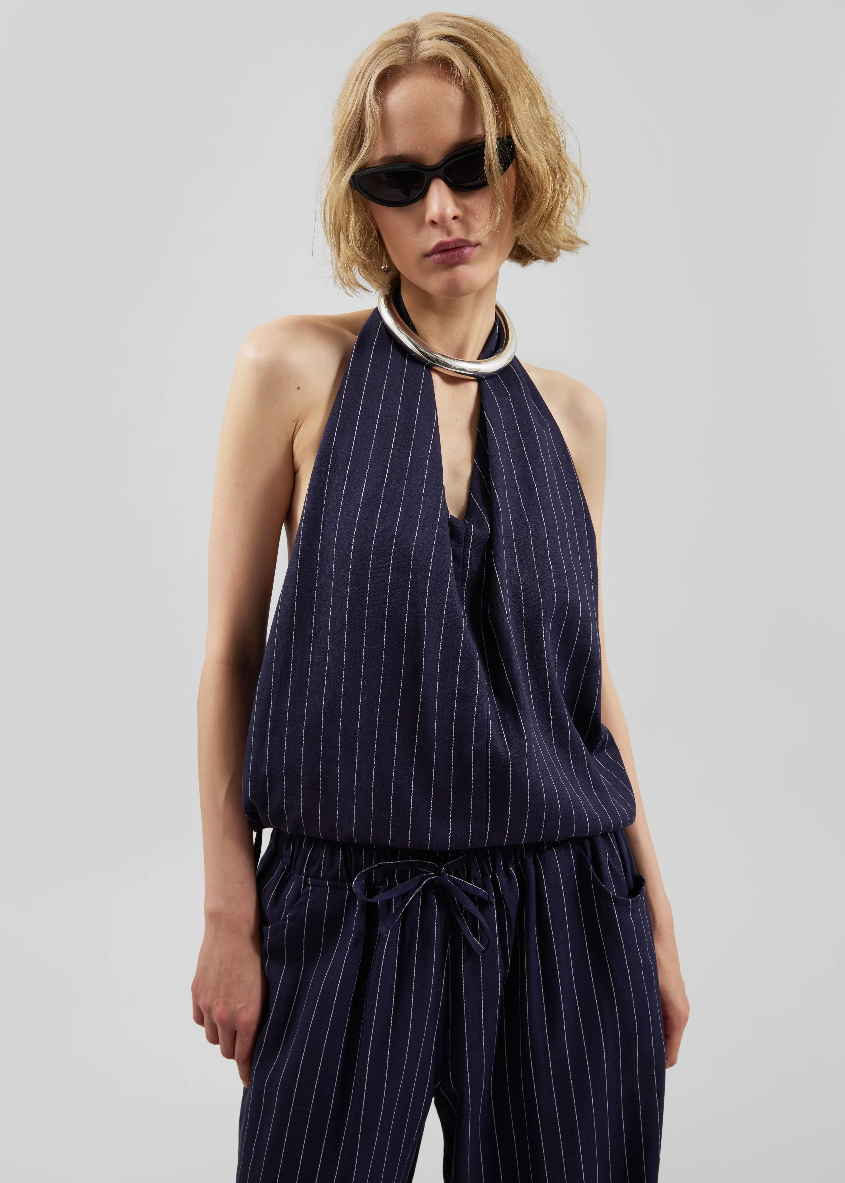 Branton Drawstring Halter Top - Navy/White Pinstripe - Image 7