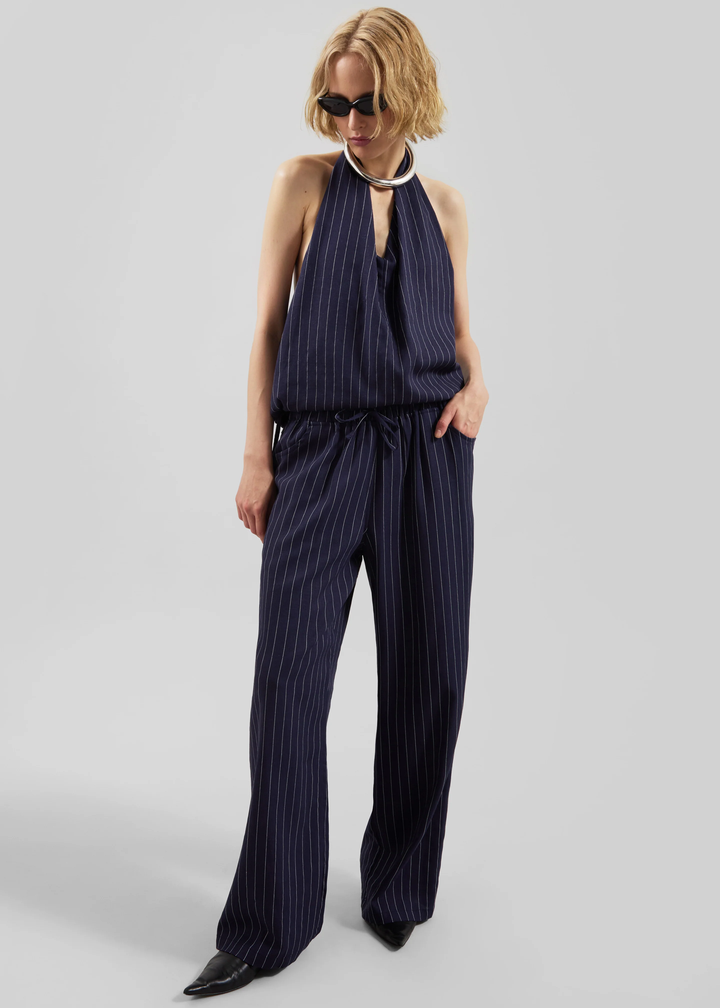 Branton Drawstring Halter Top - Navy/White Pinstripe - Image 9