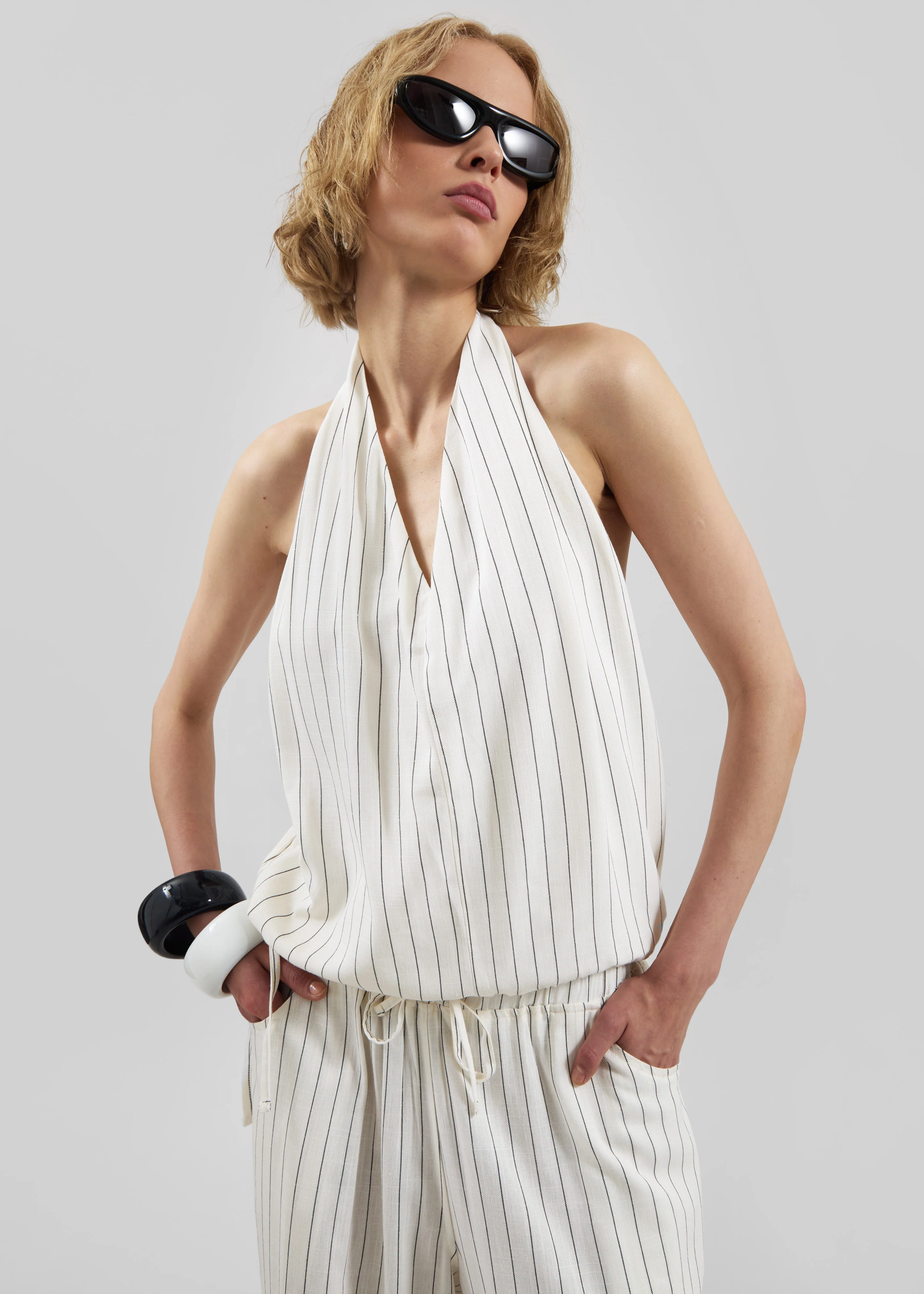 Branton Drawstring Halter Top - White/Black Pinstripe