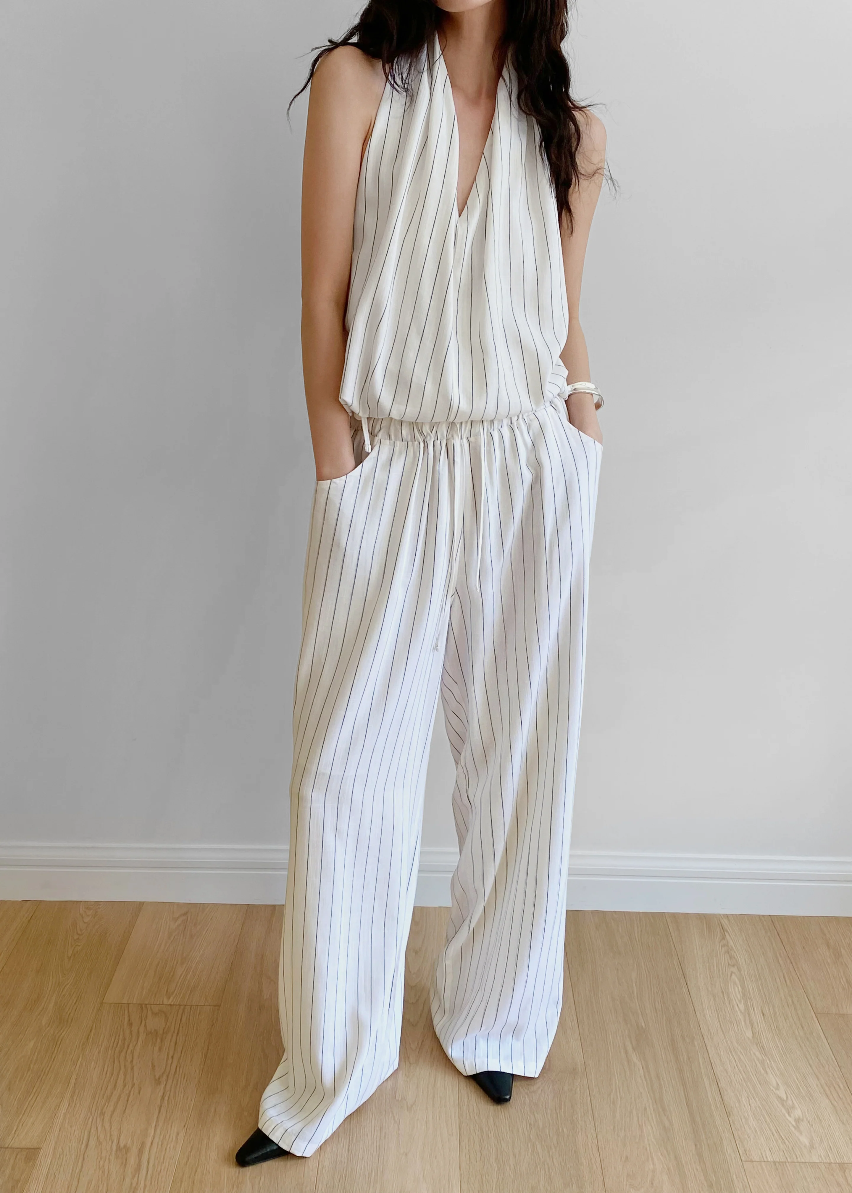 Branton Drawstring Halter Top - White/Black Pinstripe - Image 2