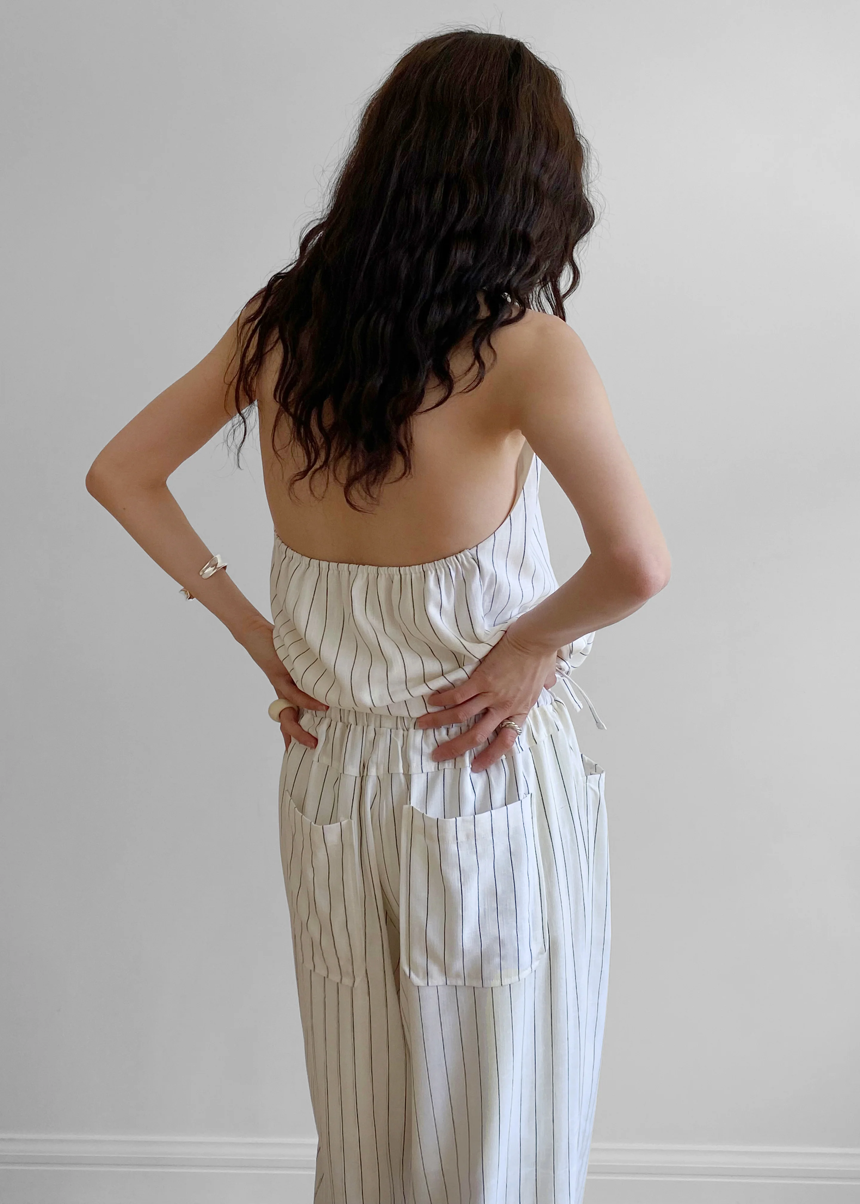 Branton Drawstring Halter Top - White/Black Pinstripe - Image 6
