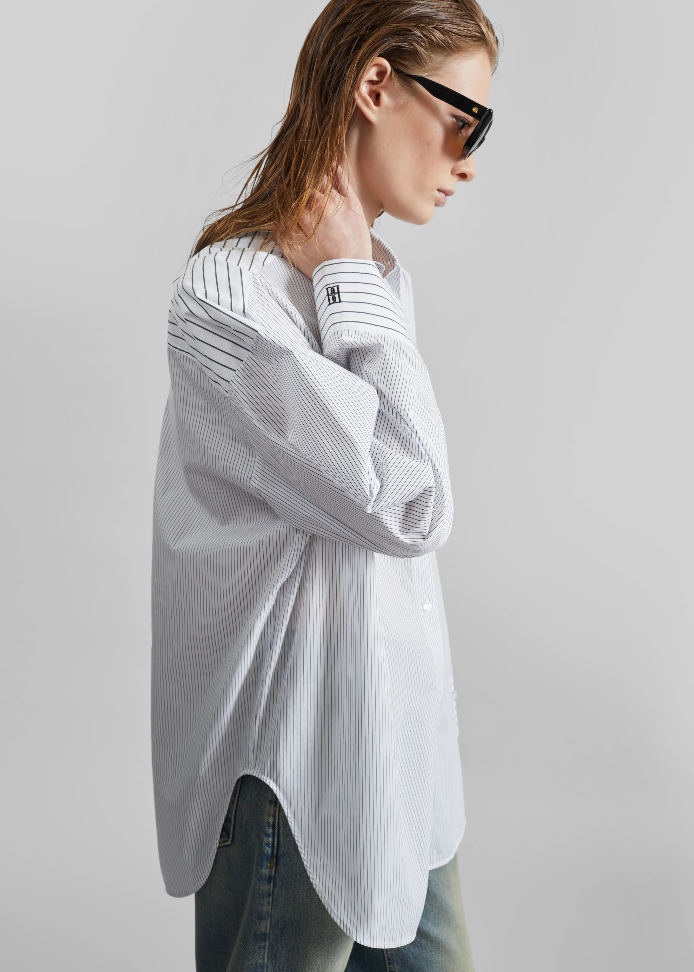 By Malene Birger Derris Shirt - White/Black Mix Stripe - Image 7