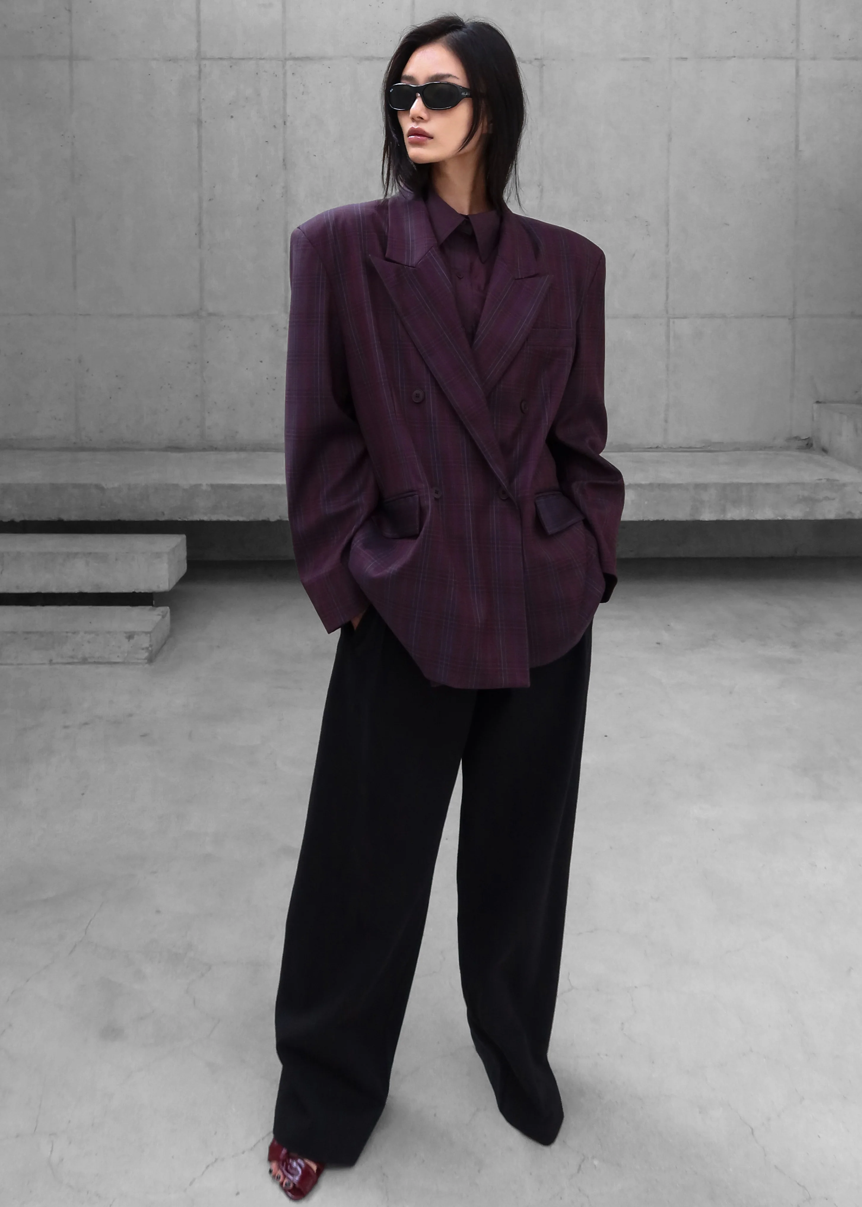 Dinant Padded Double-Breasted Blazer - Burgundy Plaid