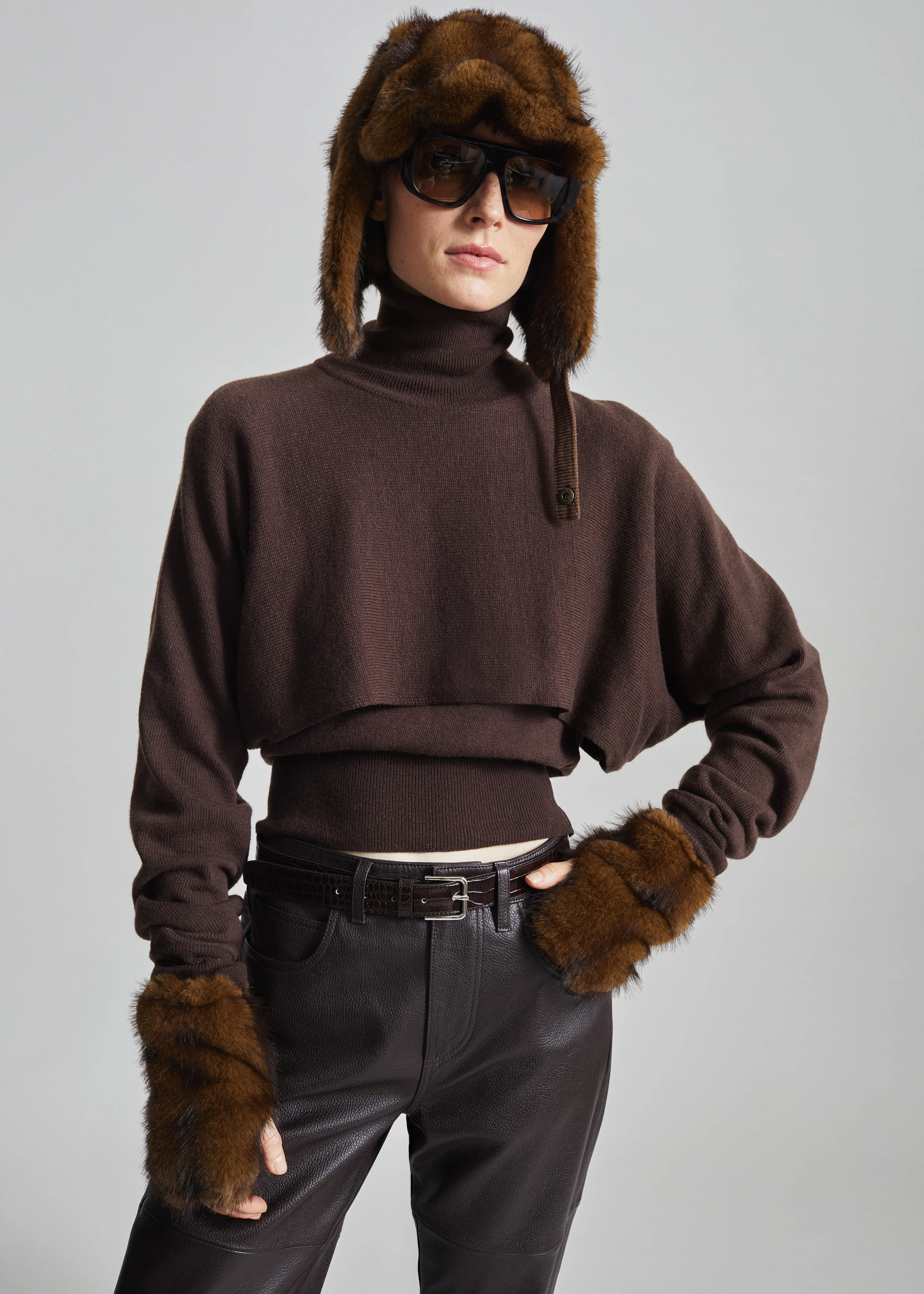 Freccia Faux Fur Aviator Hat - Brown - Image 3