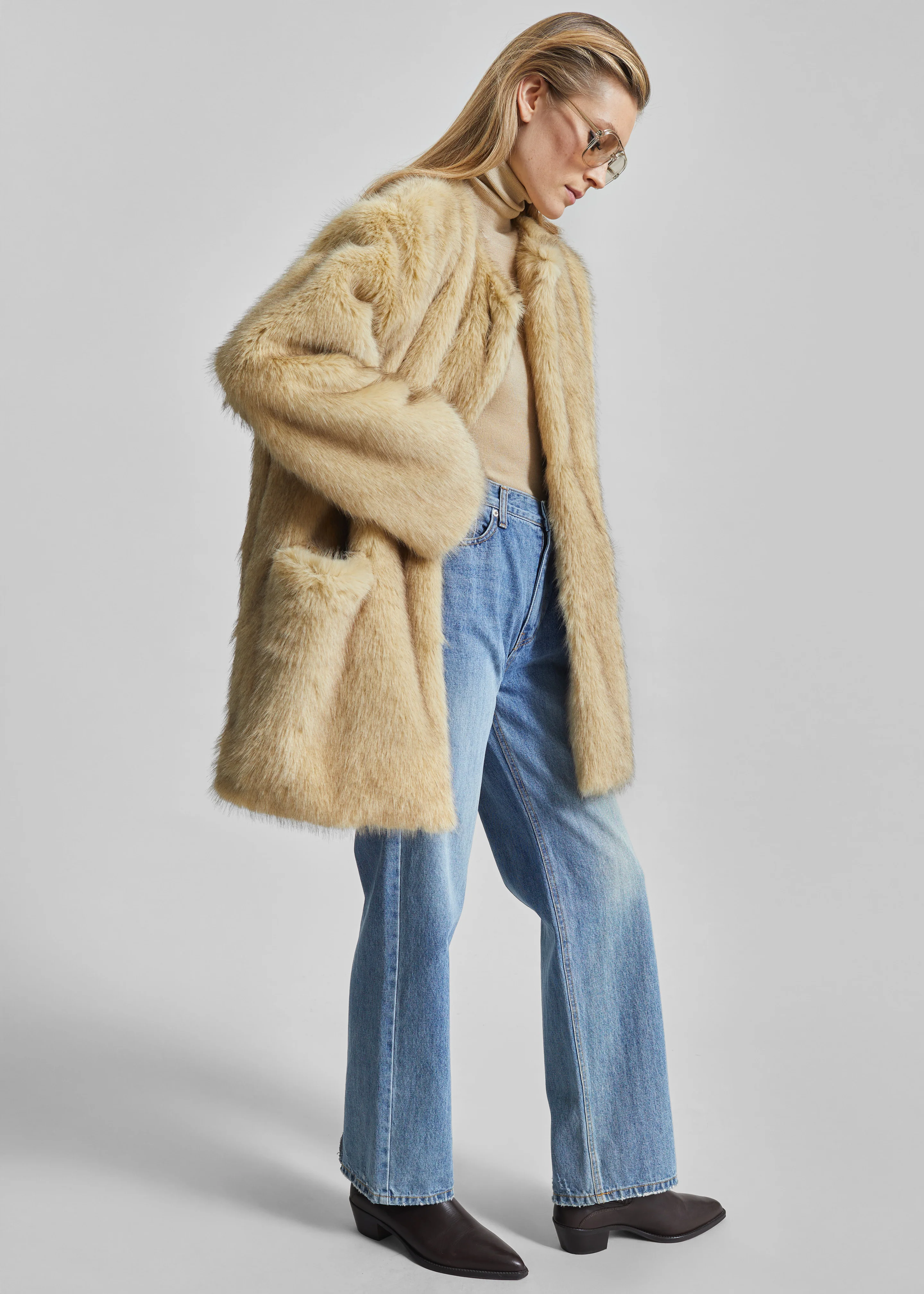 Gemona Faux Fur Collarless Coat - Beige - Image 5