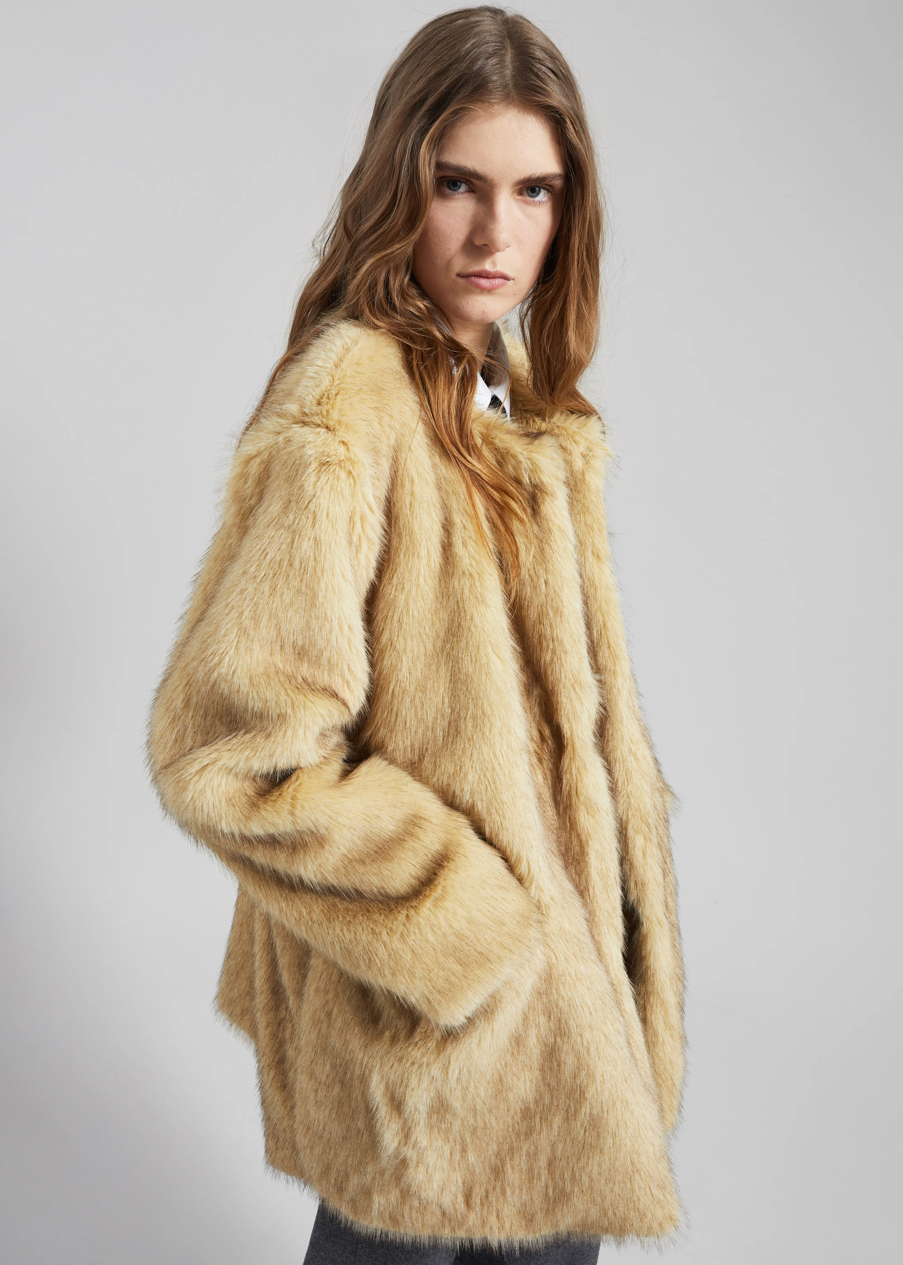 Gemona Faux Fur Collarless Coat - Beige - Image 7
