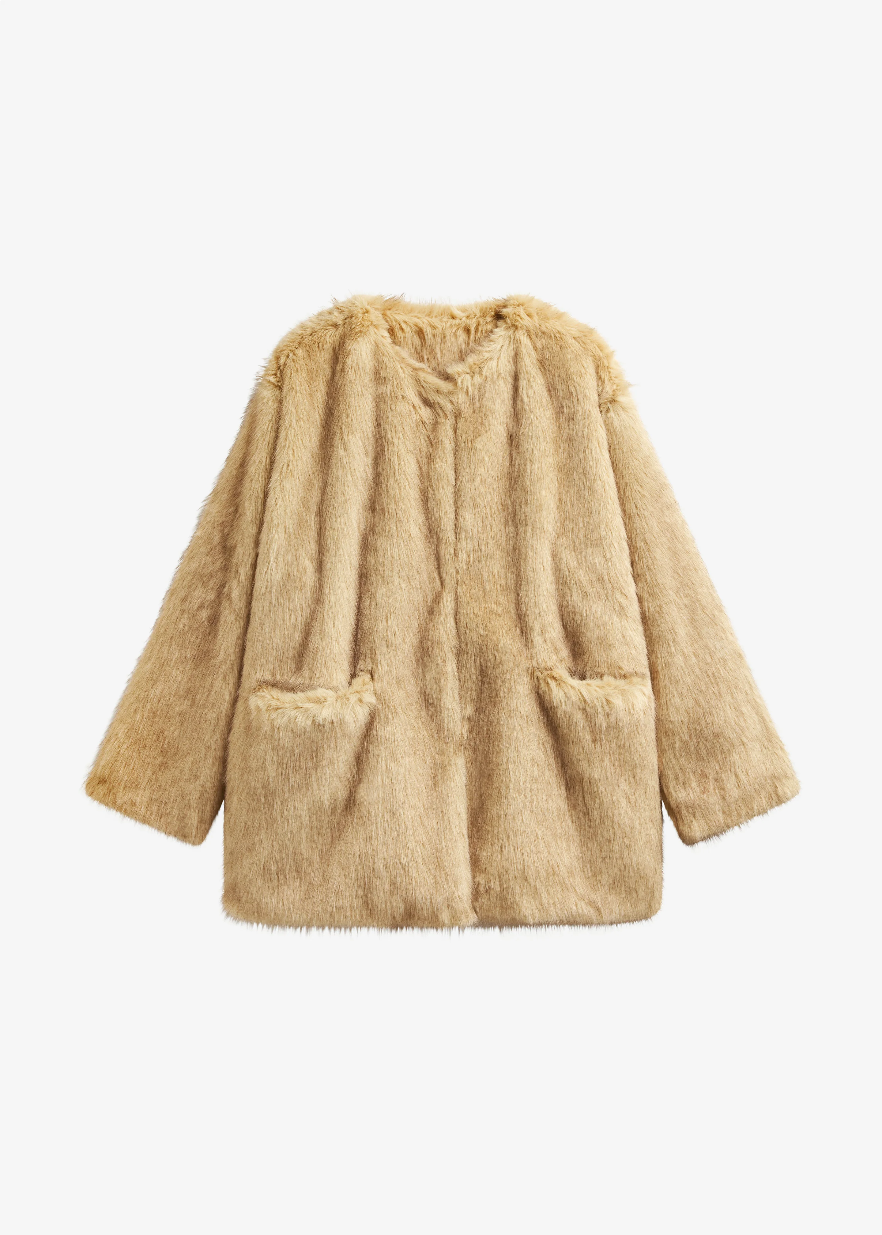 Gemona Faux Fur Collarless Coat - Beige - Image 9