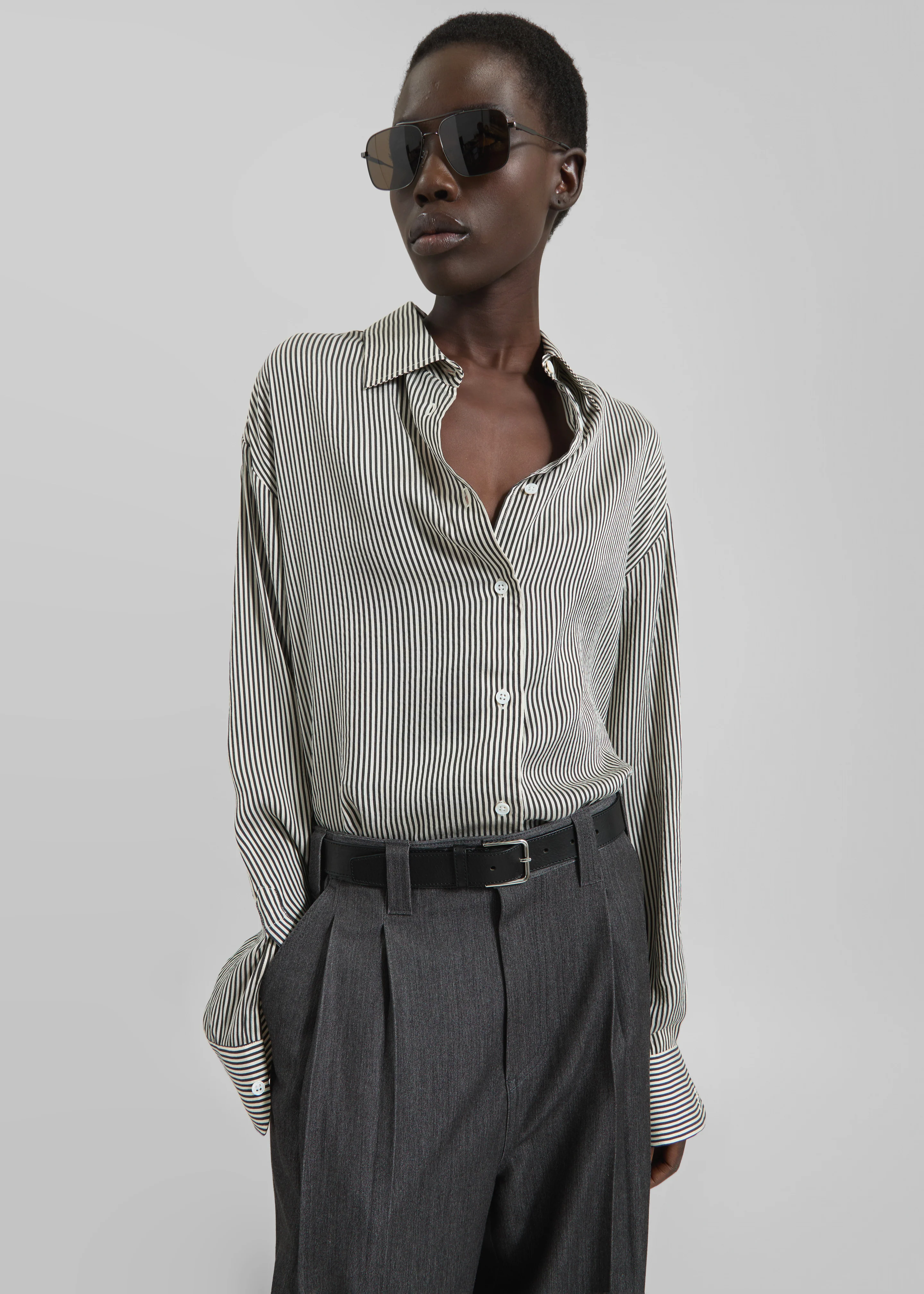 Lui Striped Silk Shirt - Black/White Stripe - Image 2