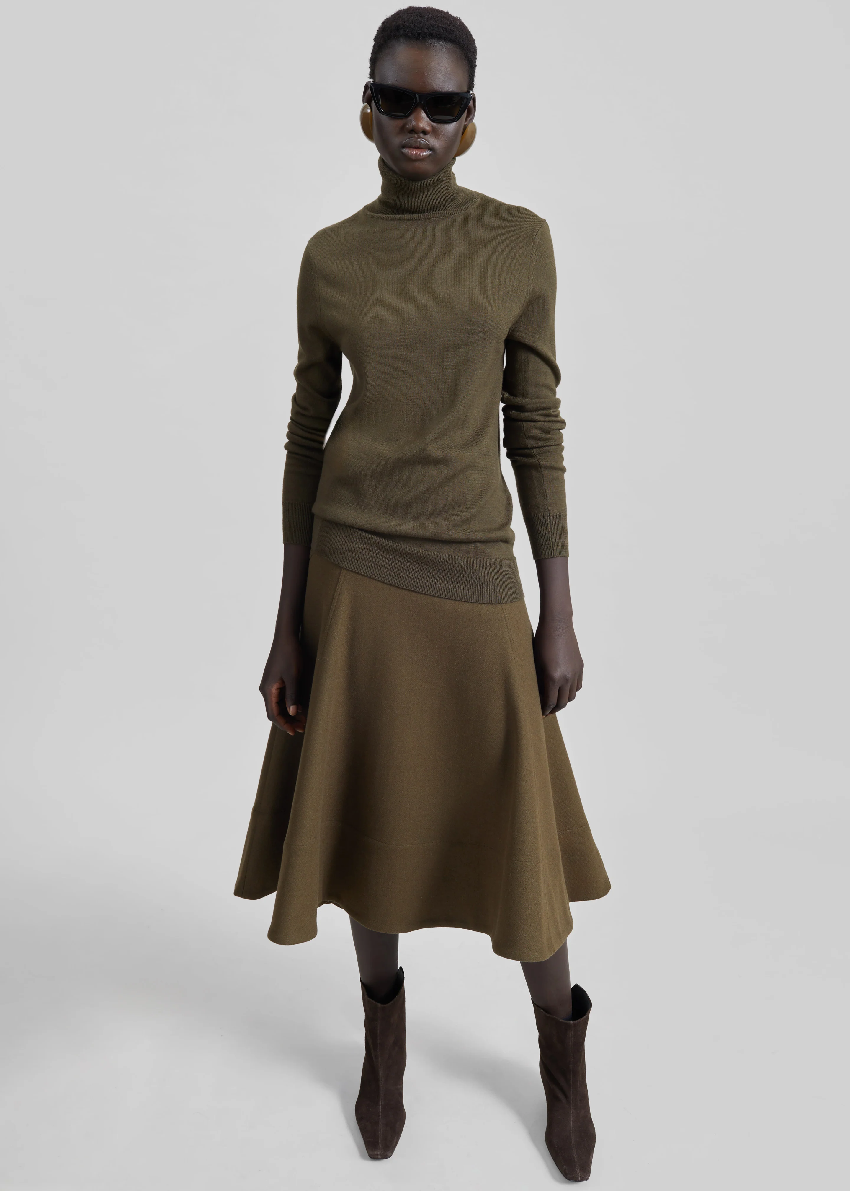 Manali Flared Midi Skirt - Olive Brown