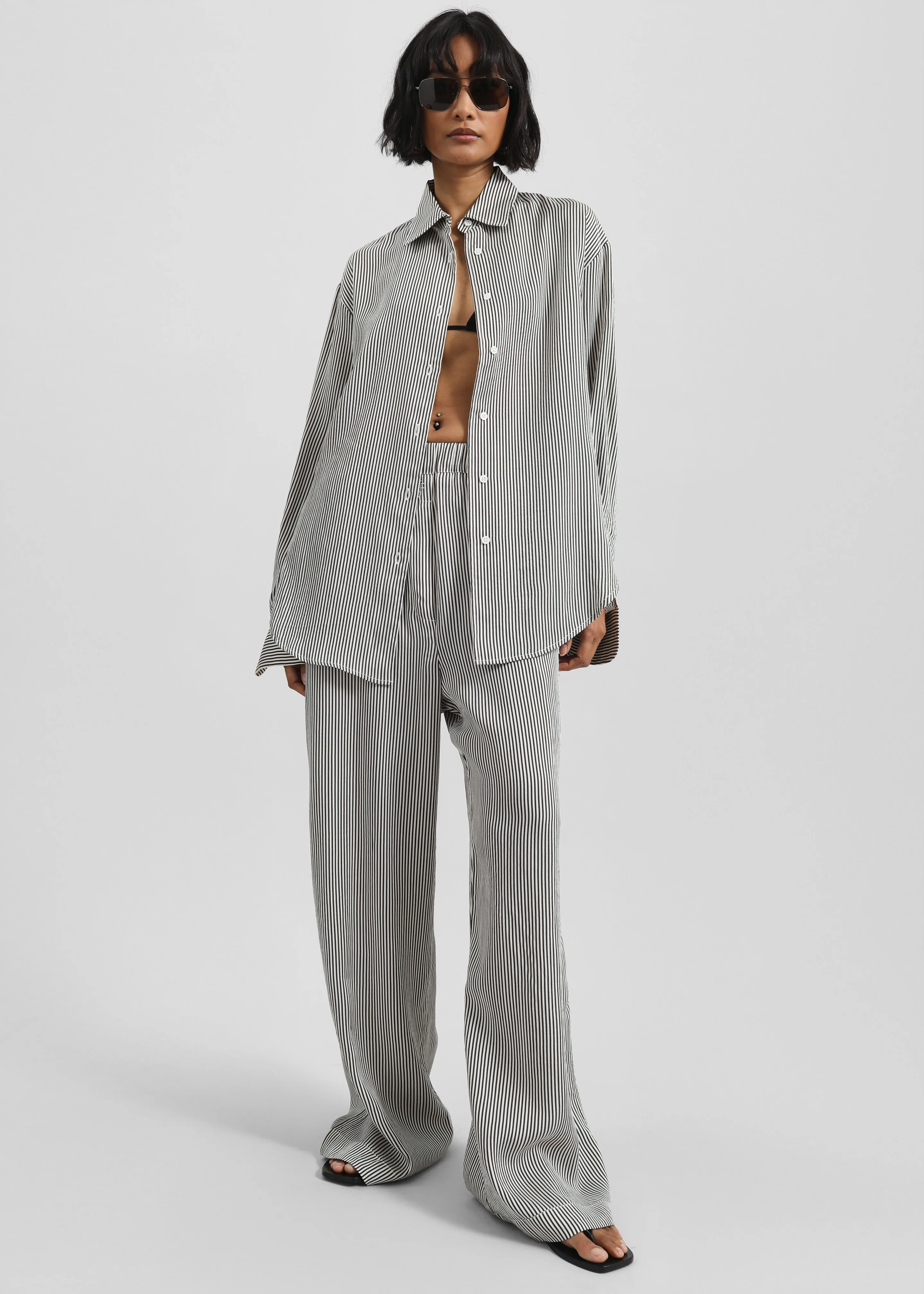 Mirca Striped Silk Elastic Pants - Black/White Stripe