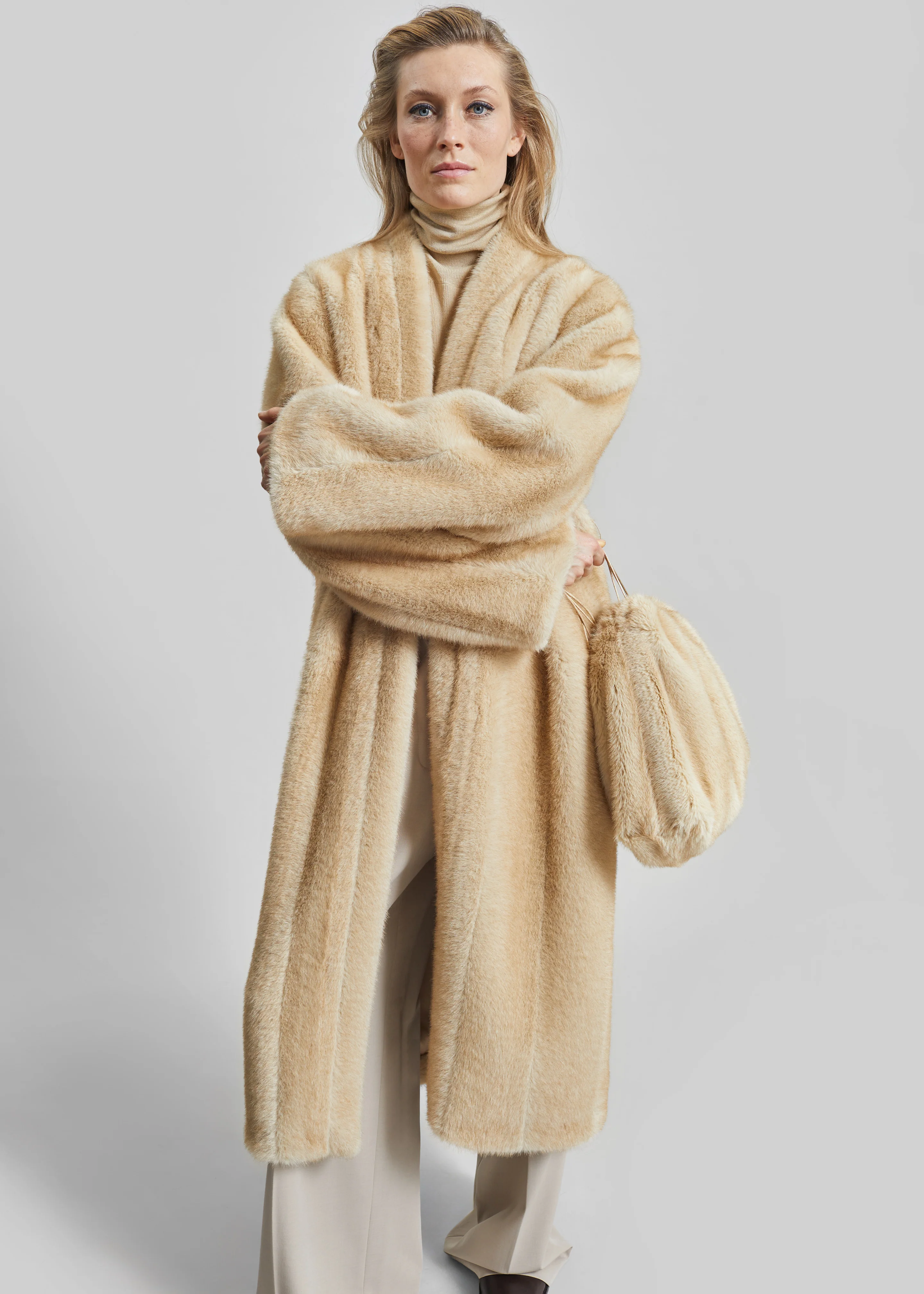 Morgan Faux Fur Small Pouch - Beige - Image 2