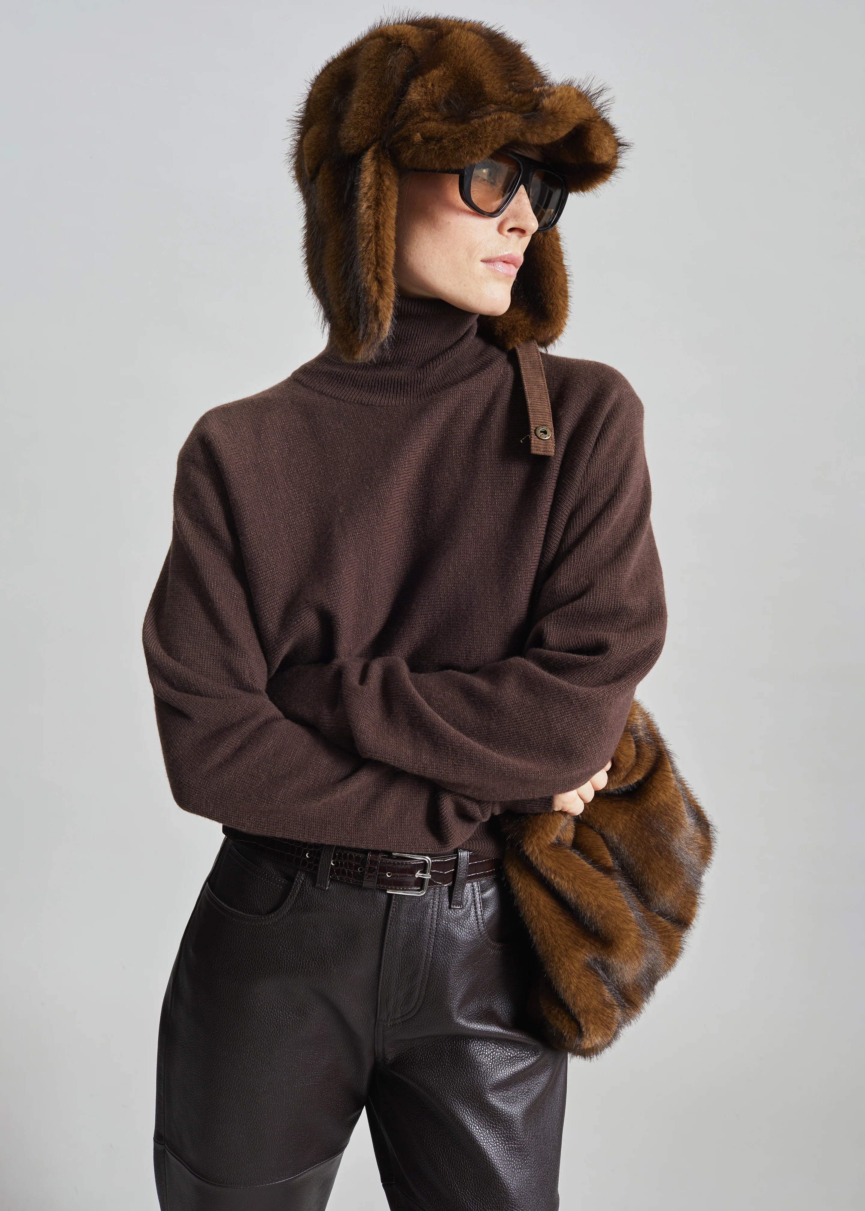 Morgan Faux Fur Small Pouch - Brown - Image 3