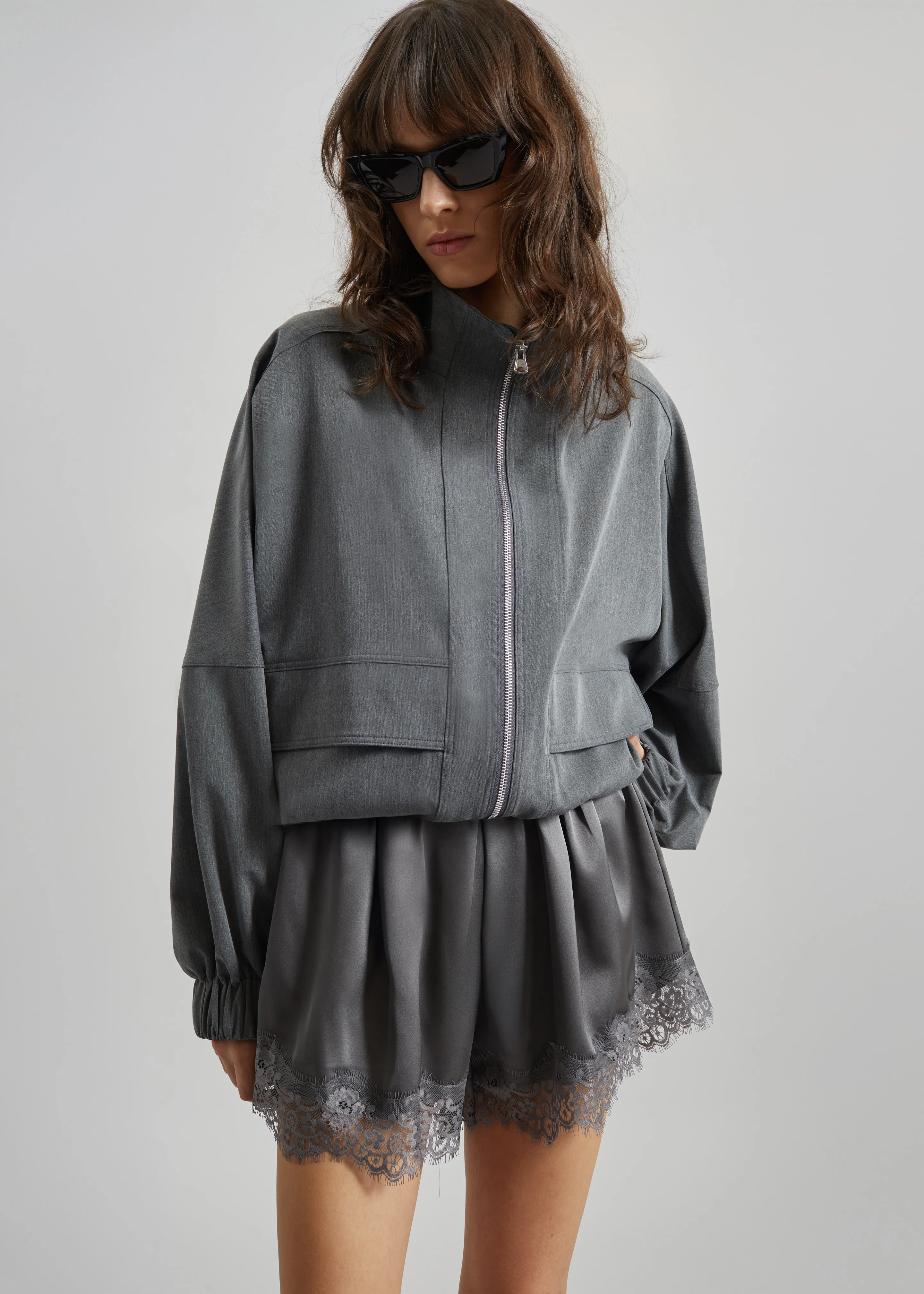Mylah Satin Lace Trim Shorts - Slate Grey