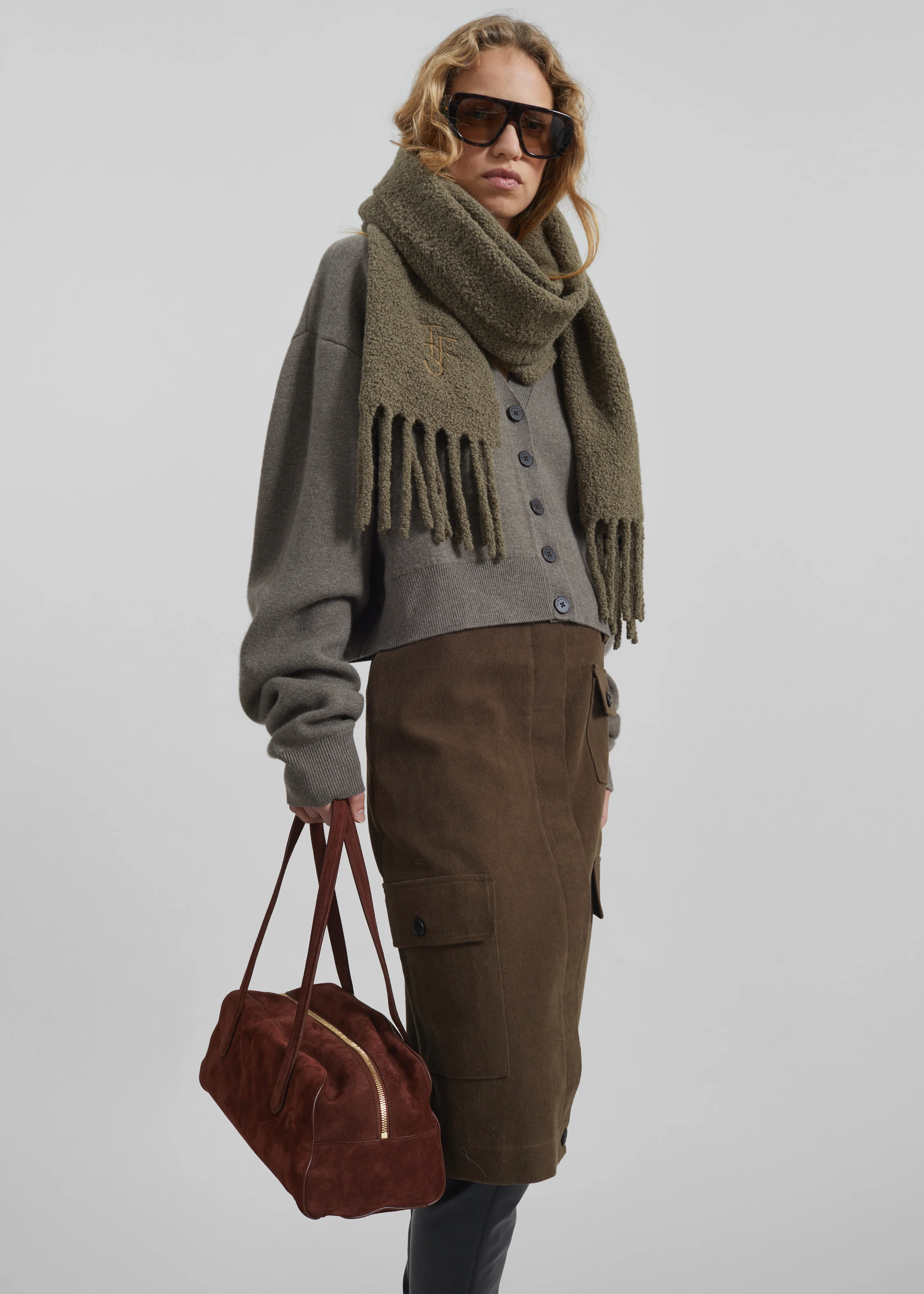 Olari Alpaca Blend Boucle Scarf - Olive - Image 2