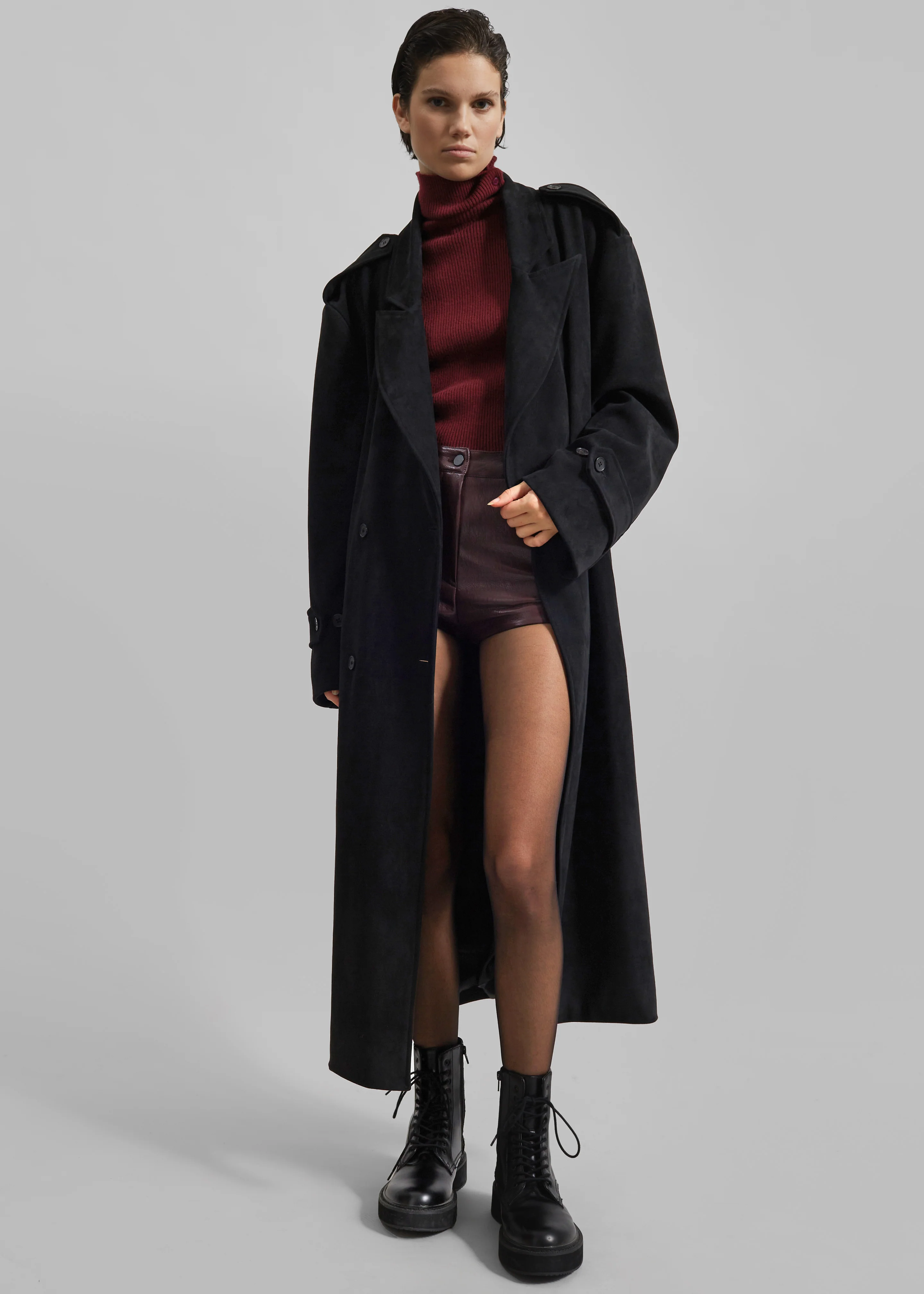 Peoria Faux Suede Trench Coat - Black - Image 3