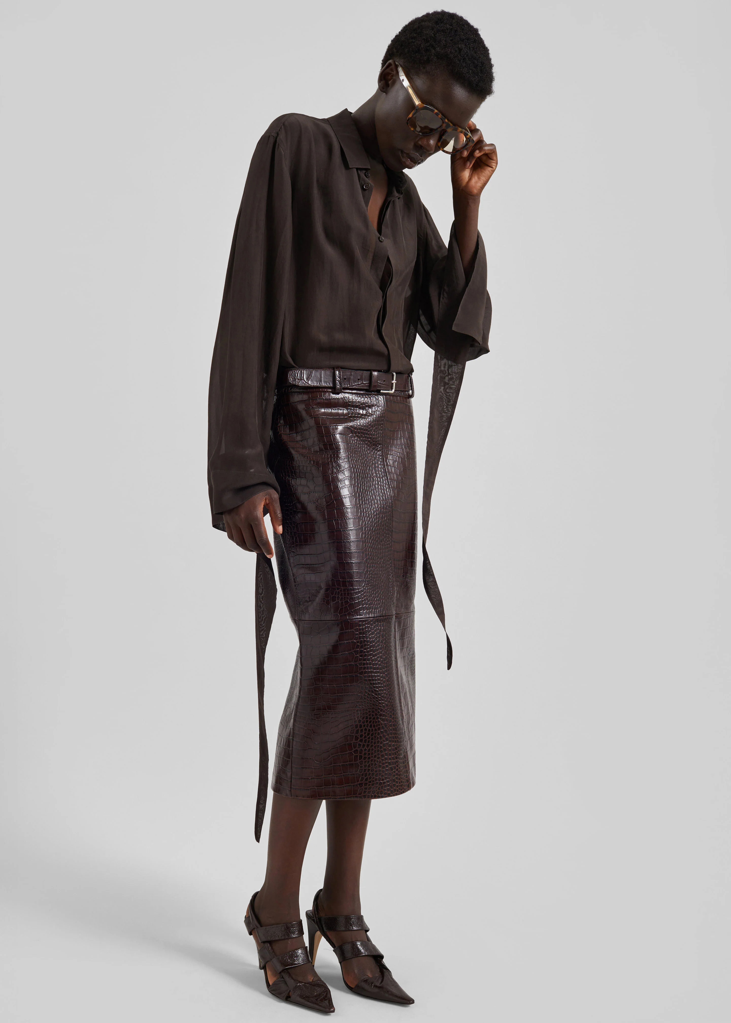 Taney Croc Leather Pencil Skirt - Dark Brown