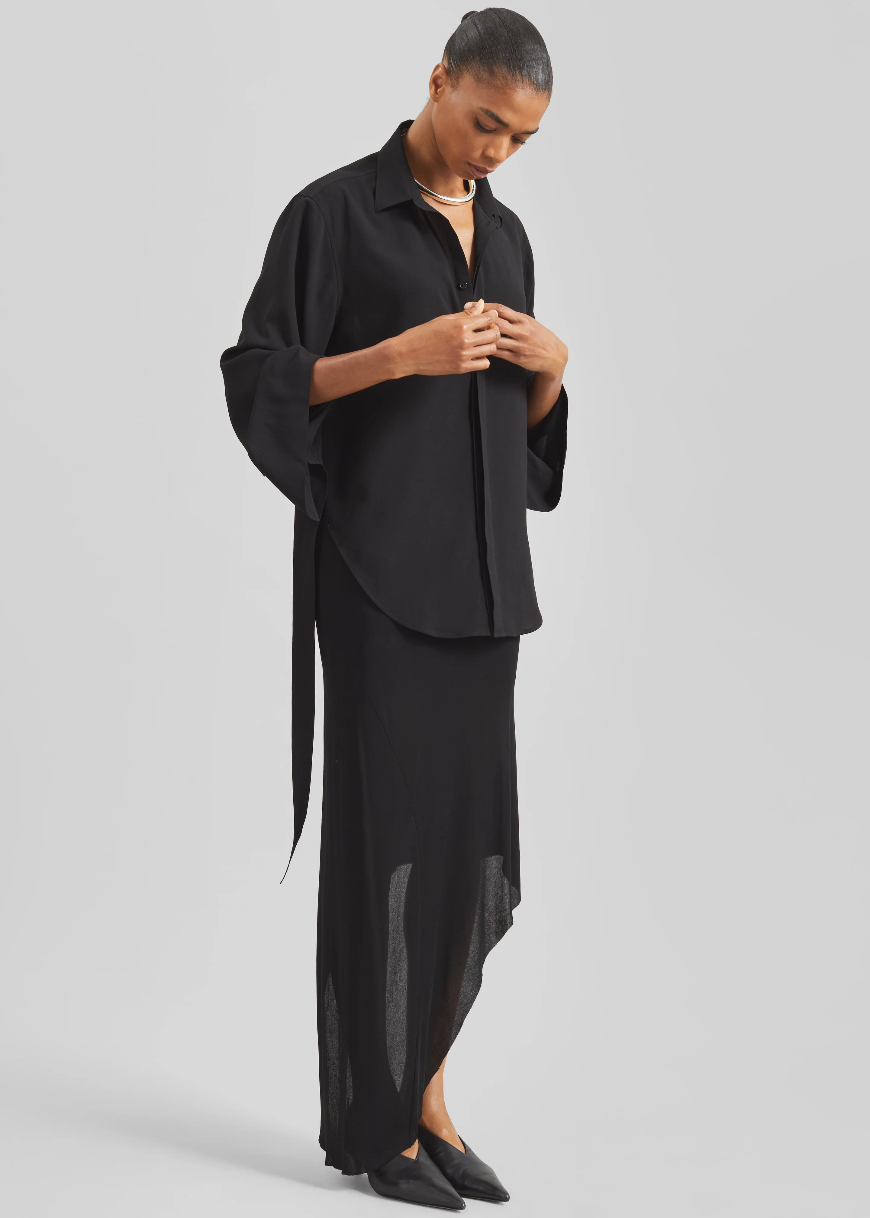 Verlin Sheer Chiffon Tie Cuff Shirt - Black - Image 5
